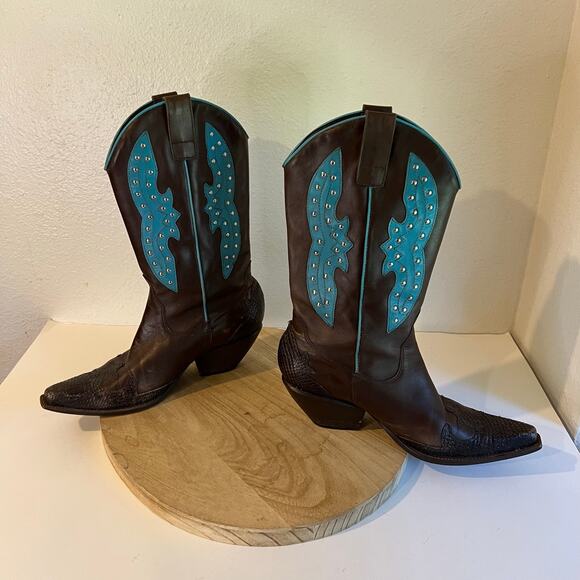 BCBG Y2K Brown Genuine Leather Studded Western Turquoise Boots Size 8.5 - Picture 3 of 16
